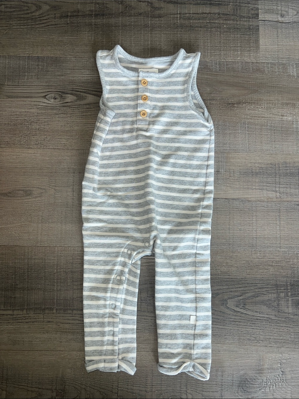 Little Planet Striped Gray & White Baby Romper with Wooden Buttons